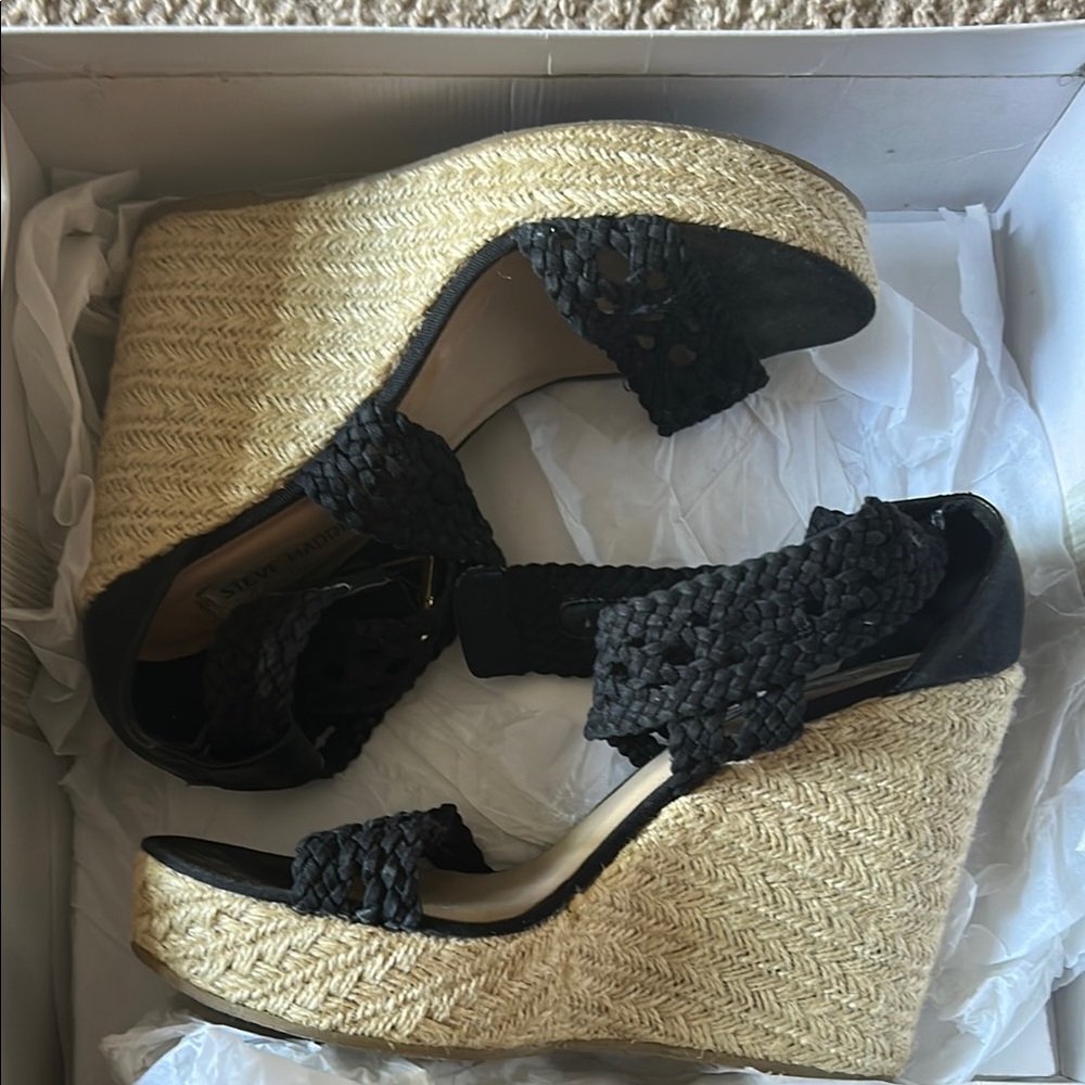 Steve Madden Black and Tan Wedge Espadrilles